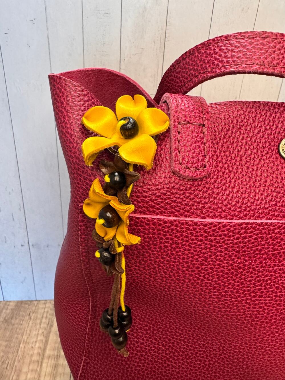 Hibiscus Bag Charm Genuine Leather Flower Bag Charm Yellow Flower Purse Charm